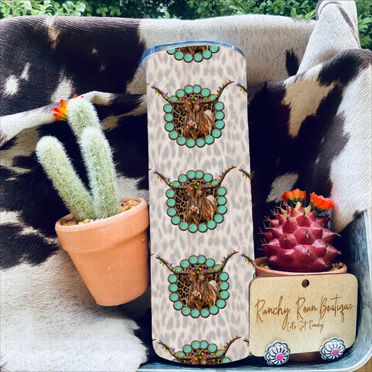 Longhorn Christmas Leopard  20oz Skinny Tumbler