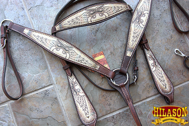 Hilason Western Horse Breast Collar Headstall American Leather Angel Wings