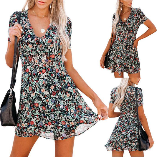 Women's Summer Short Sleeve V-Neck Floral Dress