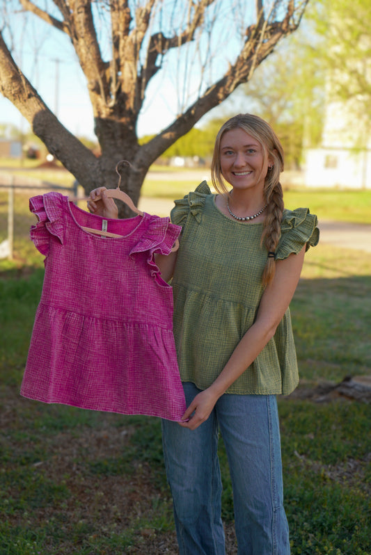 Ash Pink - Gauze Acid Washed Tiered Ruffle Peplum Top (Copy)