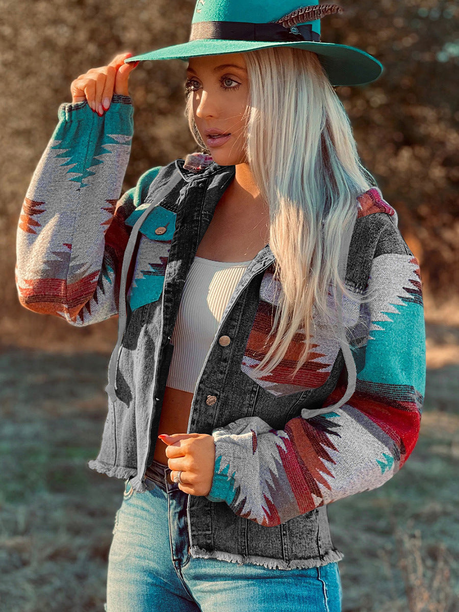 Sierra Vista Multi-Color Frayed Hem Denim Hoodie