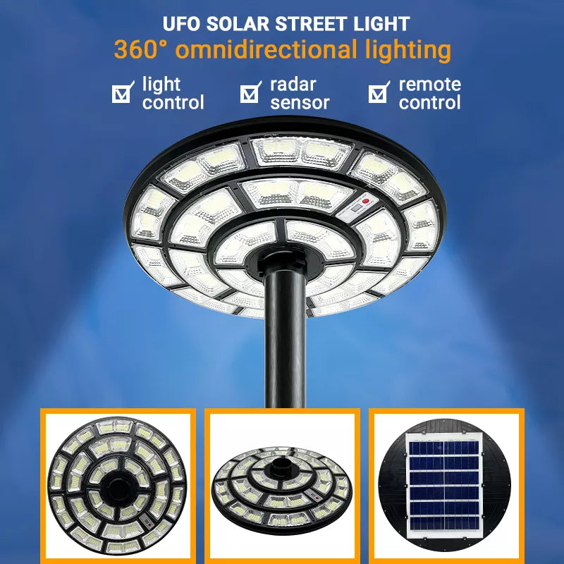 2500W Solar Outdoor Light Round 360° Wide Angle UFO Garden Pole And Wall Street Lights with Remote