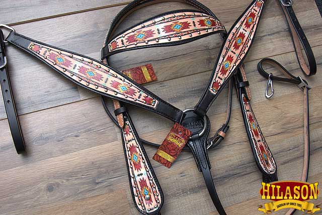 Hilason Horse Leather Bridle Headstall Breast Collar Black Aztec Painted