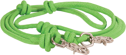 5/16″ X 8′ MOUNTAIN ROPE KNOTTED BARREL REIN W/N.P. SCISSOR SNAPS - LIME GREEN
