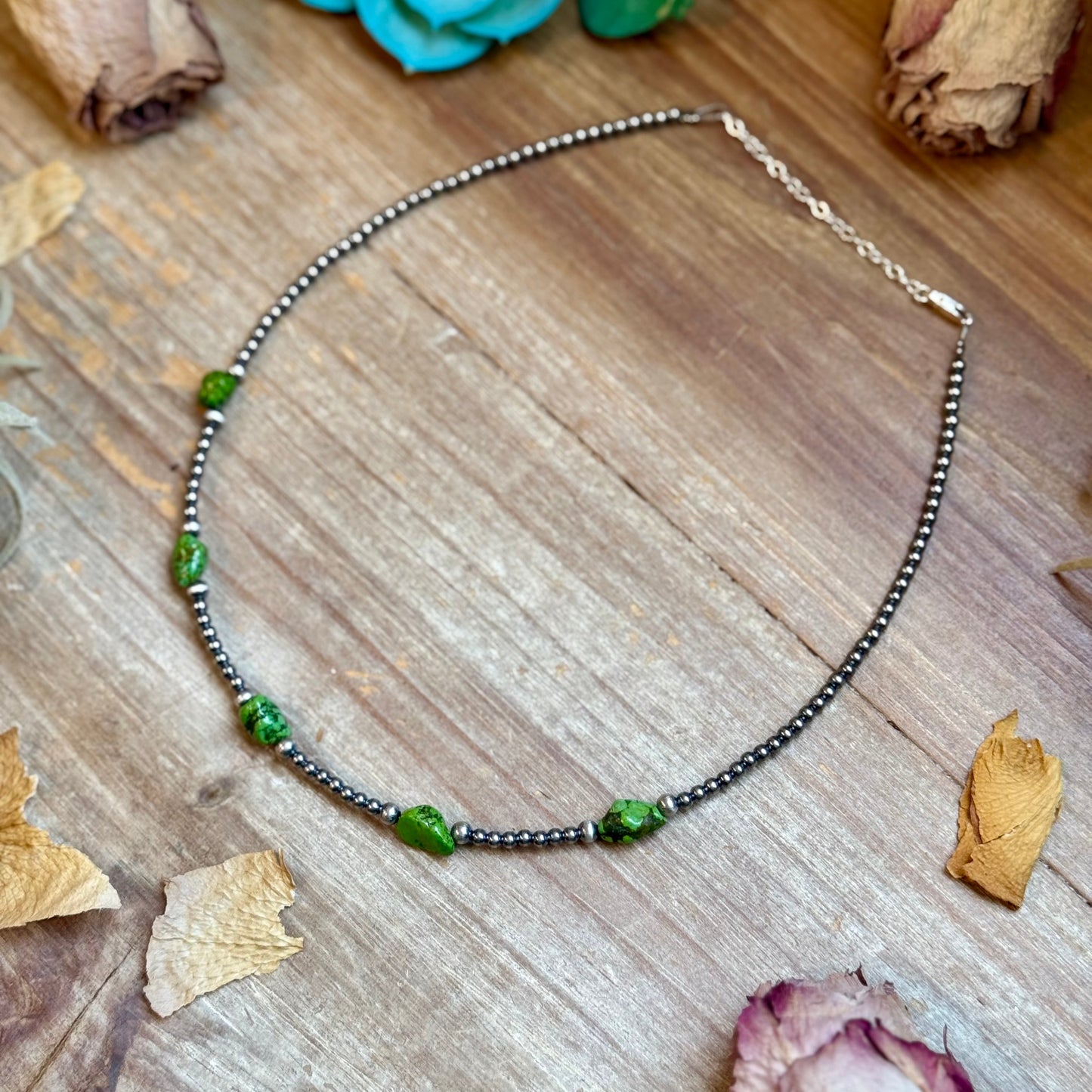 Green Nugget Turquoise & Sterling Silver Pearl Necklace