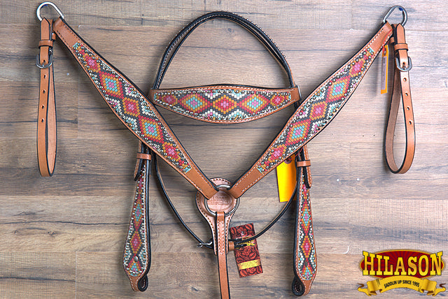 Hilason Western Horse Breast Collar Headstall American Leather Painted Geomatric