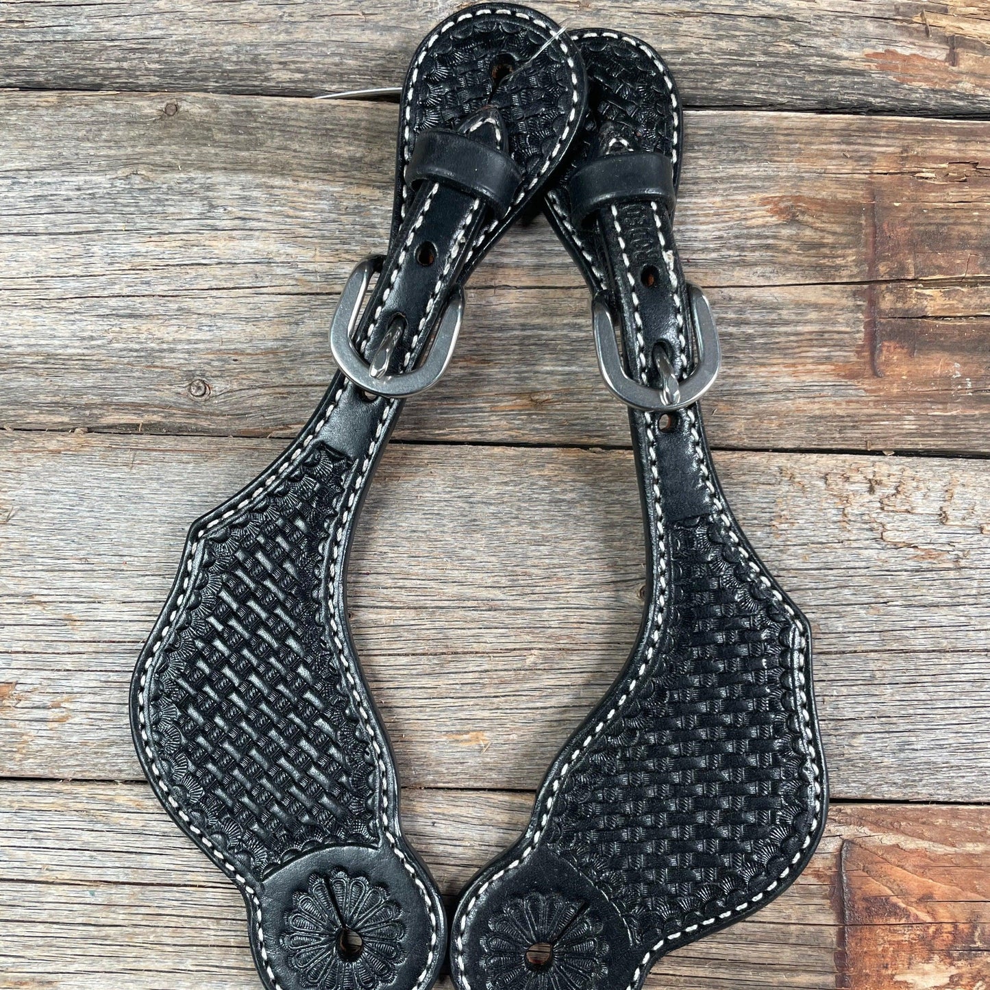 Black Basketweave Tooled Spur Straps