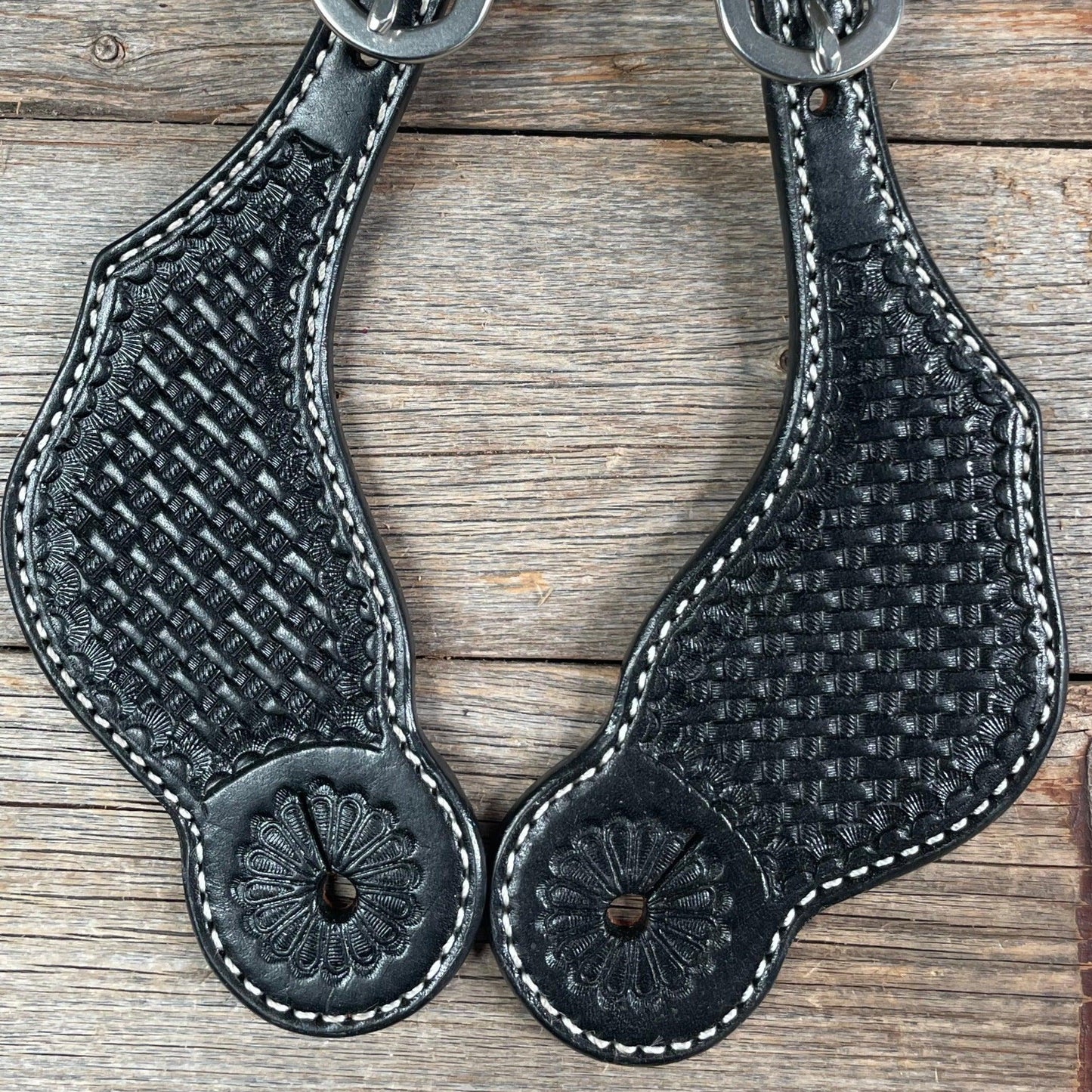 Black Basketweave Tooled Spur Straps