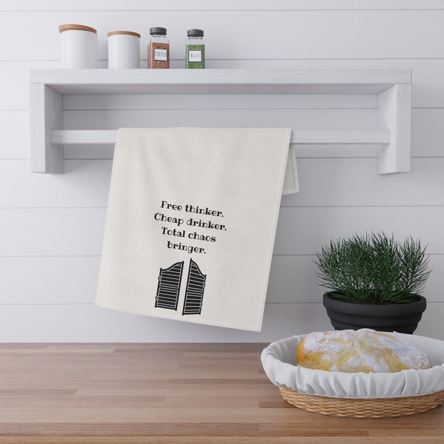 "Free Thinker, Cheap Drinker. Total chaos bringer." Dish Towel. Western Kitchen and Bar Decor, housewarming gift, funny party decor