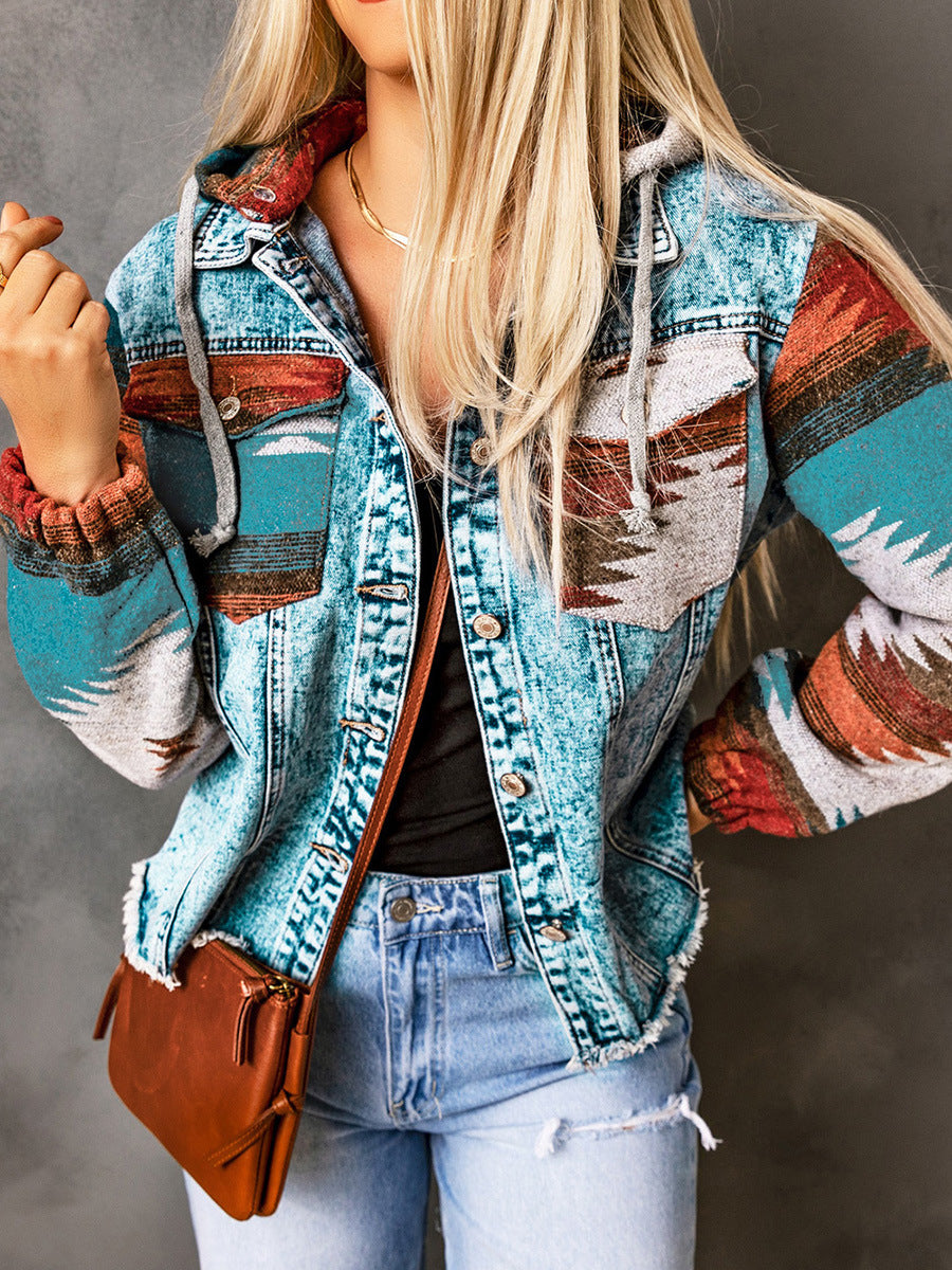Sierra Vista Multi-Color Frayed Hem Denim Hoodie