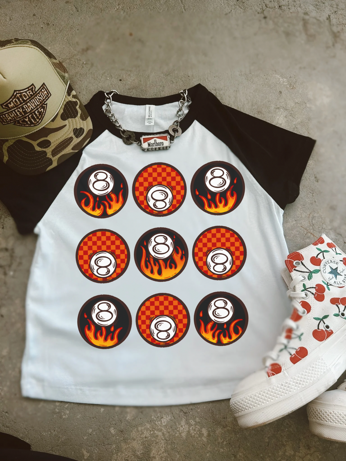 Flamin 8s Raglan baby tee
