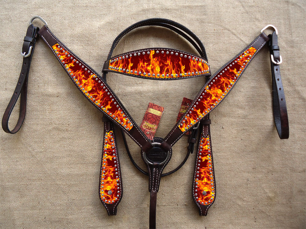 Hilason Western Horse Headstall Breast Collar Set American Leather Flame