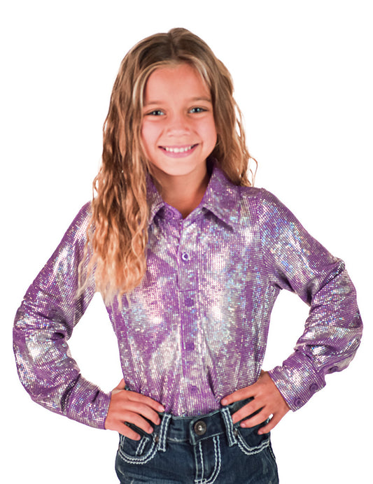 Girls Lavendar & Silver Iridescent Stretch Lightweight Pullover Button Up