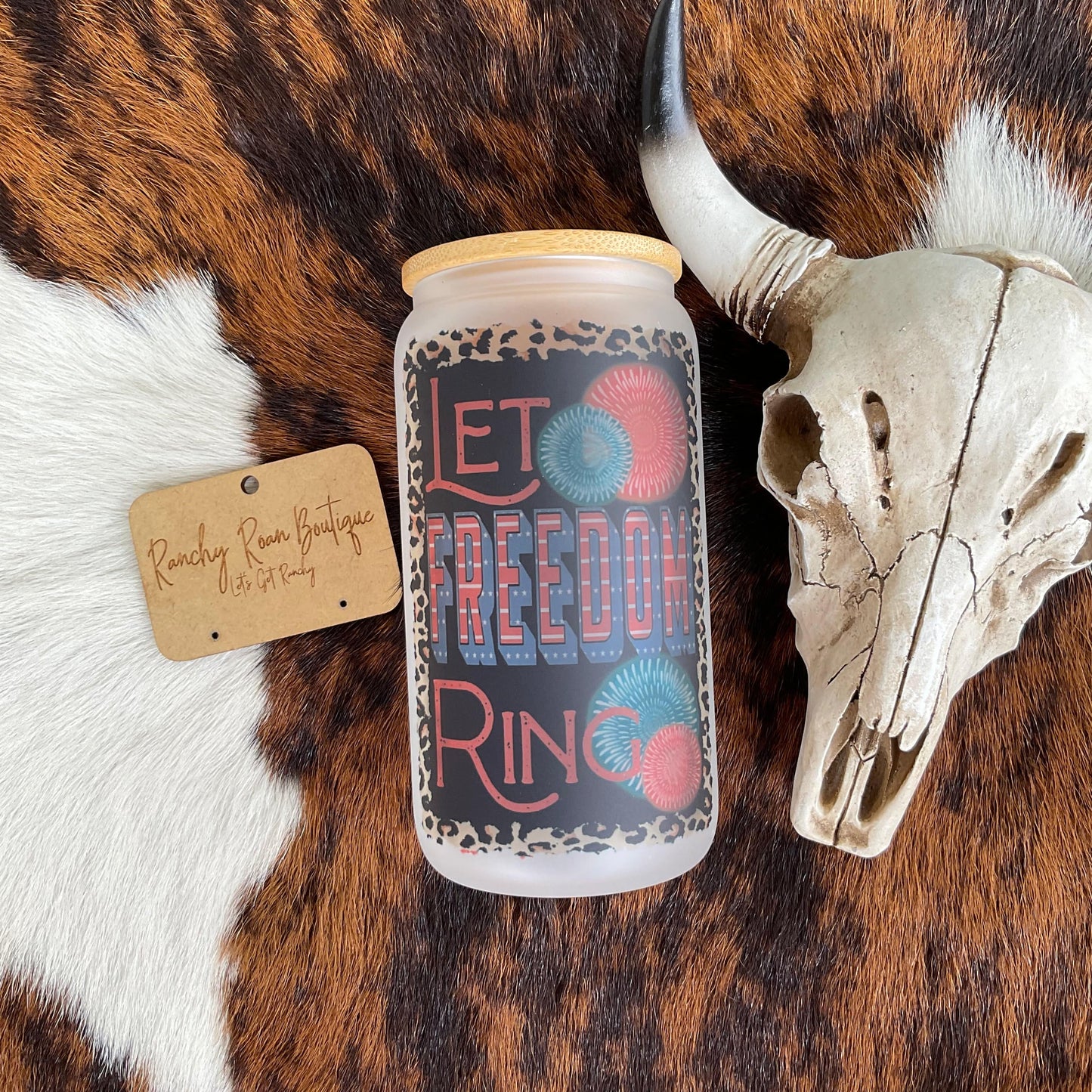 Let Freedom Ring Leopard Frosted Glass Western 16 oz Tumbler