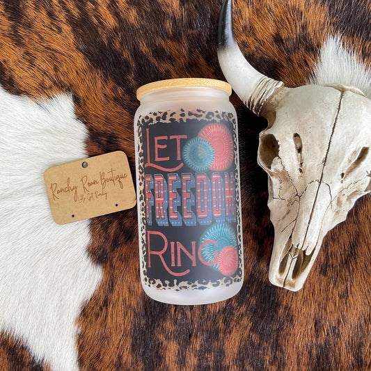 Let Freedom Ring Leopard Frosted Glass Western 16 oz Tumbler