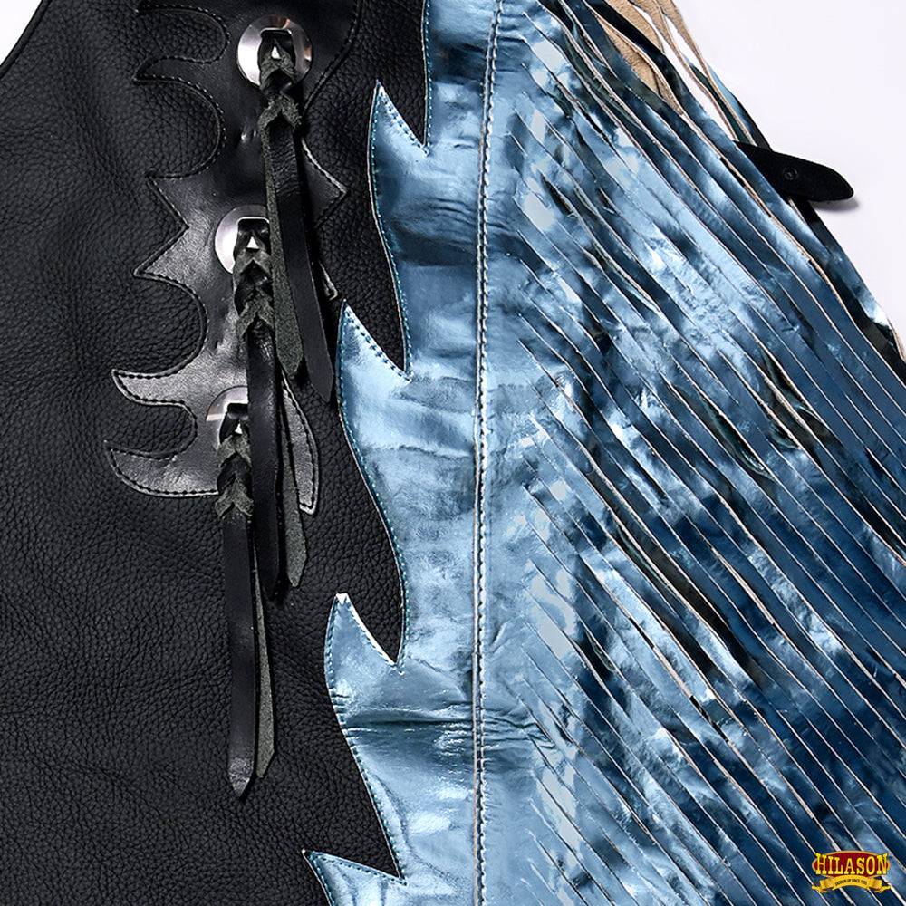 Hilason Bull Riding Smooth Genuine Leather Rodeo Western Chaps Black Blue