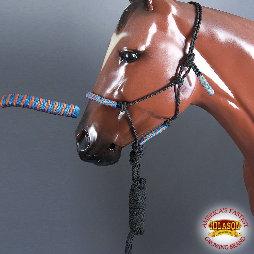 Hilason Horse Poly Rope Tied Adjustable Halter 8 Ft Lead Rope Black Orange Blue
