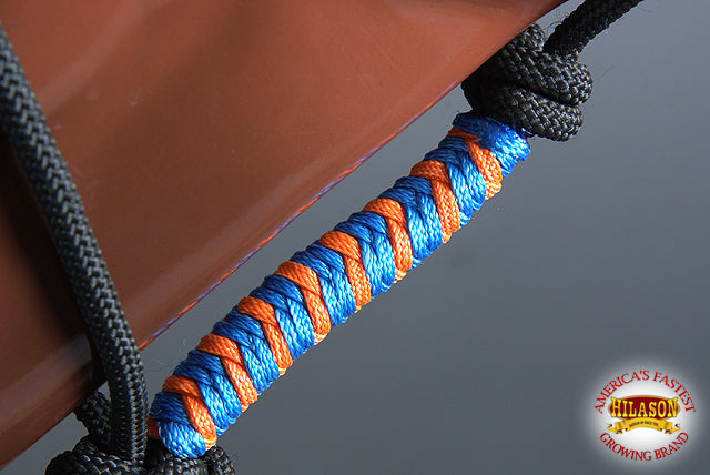 Hilason Horse Poly Rope Tied Adjustable Halter 8 Ft Lead Rope Black Orange Blue