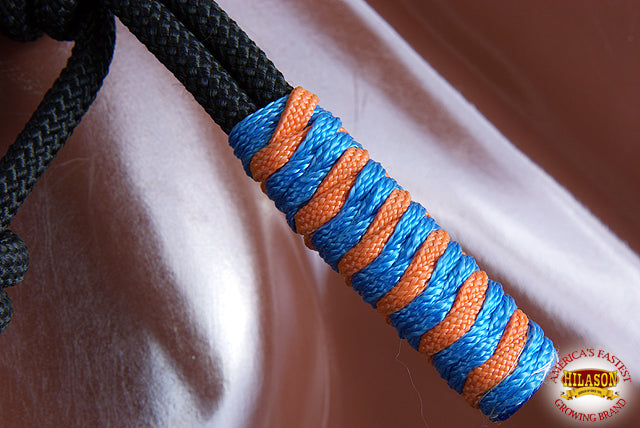 Hilason Horse Poly Rope Tied Adjustable Halter 8 Ft Lead Rope Black Orange Blue