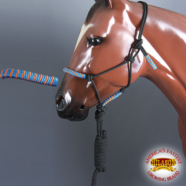 Hilason Horse Poly Rope Tied Adjustable Halter 8 Ft Lead Rope Black Orange Blue