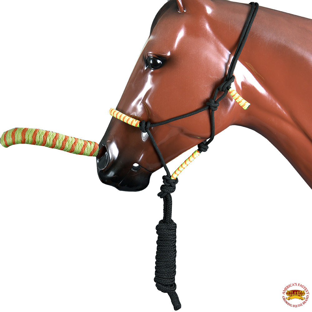 Hilason Horse Poly Rope Tied Adjustable Halter 8 Ft Lead Rope Black Orange Blue
