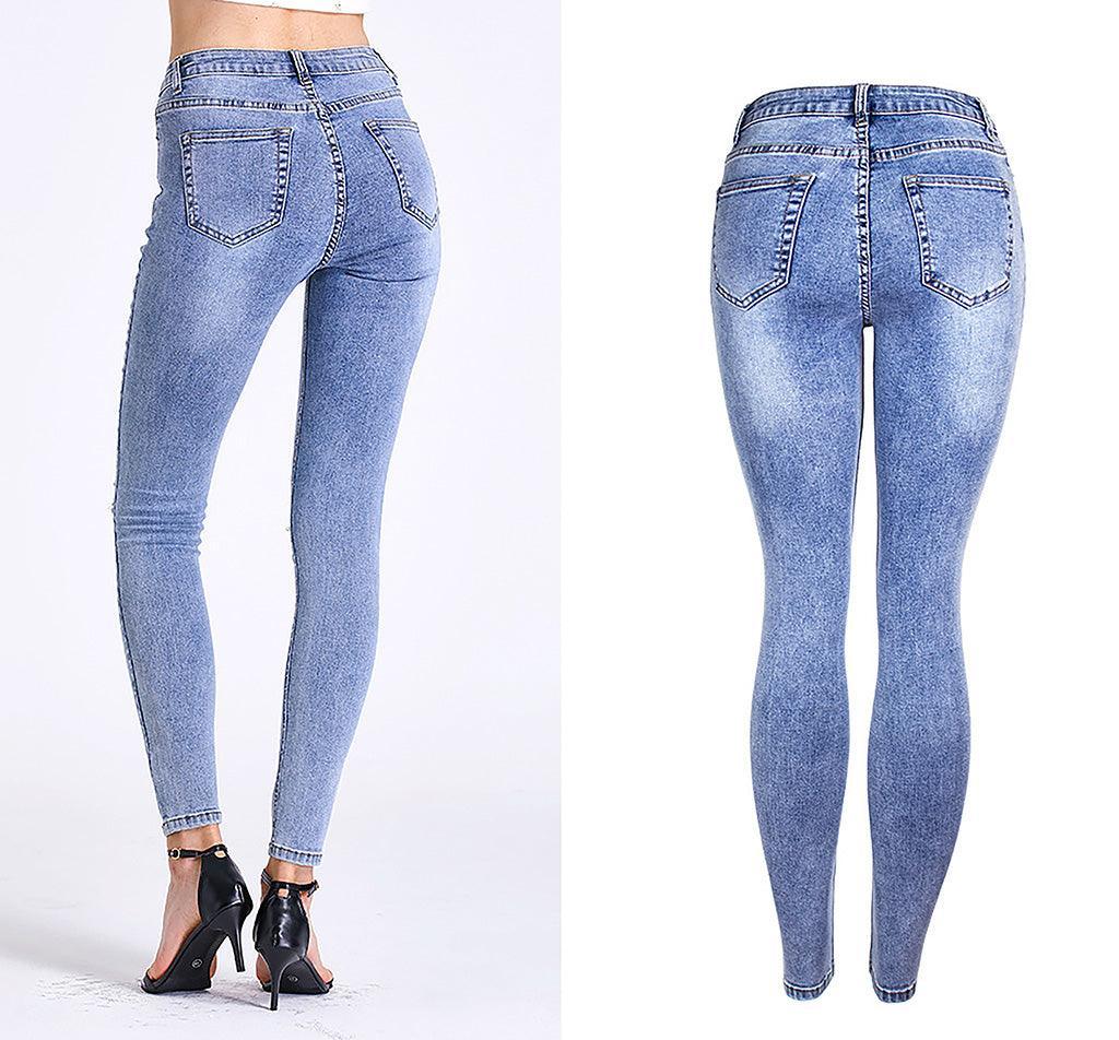 Essential Ripped Skinny Jeans – Stretch Slim Fit, Stone Wash Blue Denim, Street Style