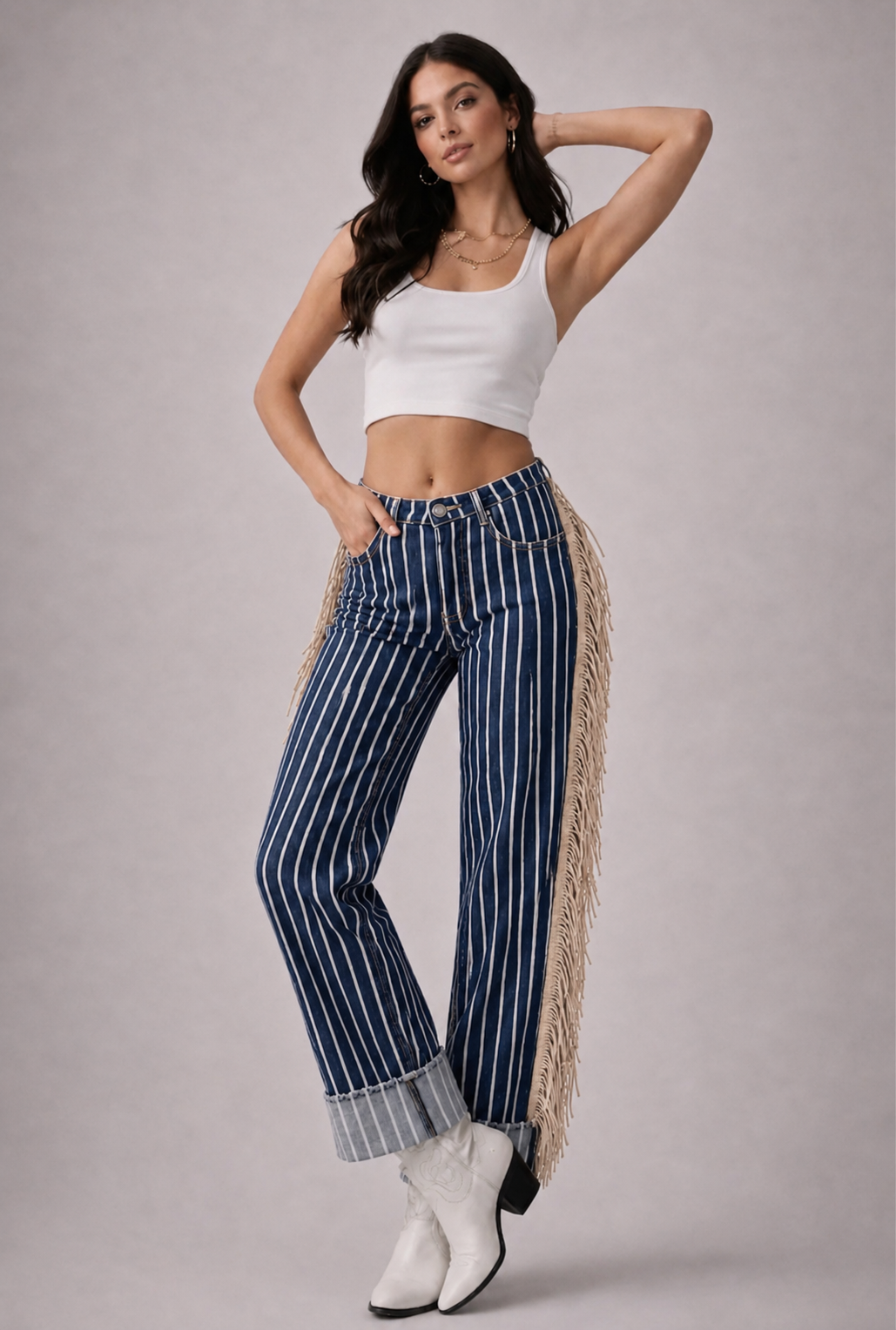 Desert Drifter Striped Wide Leg Cuffed Fringe Denim Jeans
