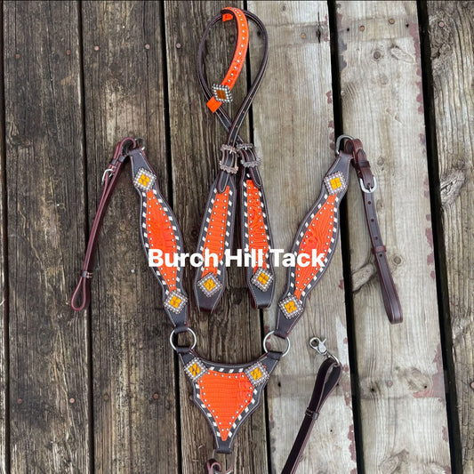 Dark brown tack set with vibrant orange accent | Made to Order (BHT002)
