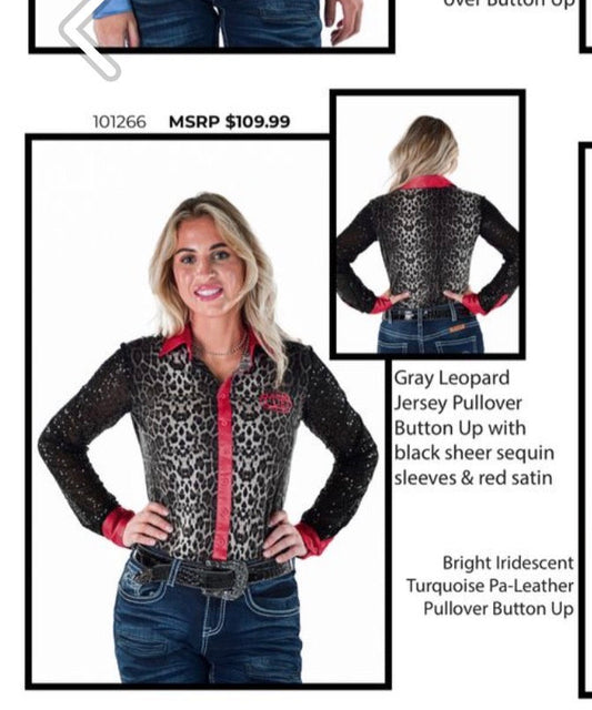 Cowgirl Tuff Grey Leopard Jersey pull-over and button up  With Black Satin Sleeves with Red Satin