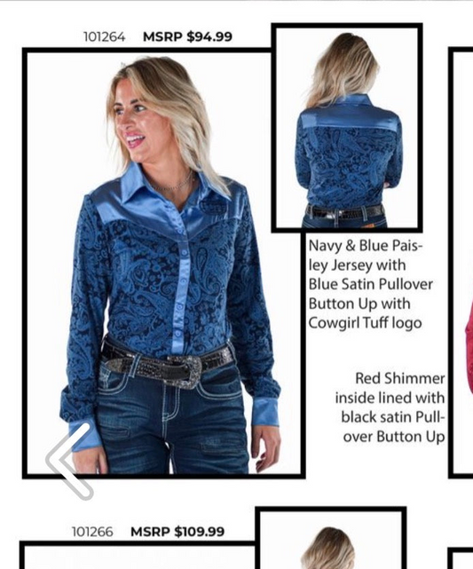 Cowgirl Tuff Navy &Blue Paisley Jersey with Blue Satin with Cowgirl Tuff Logo pull-over and button up