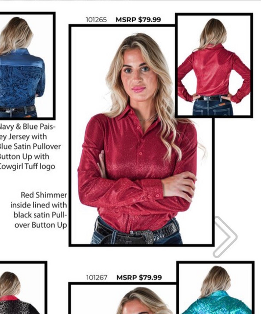Cowgirl Tuff Red shimmer with inside lined with Black pull-over and button up