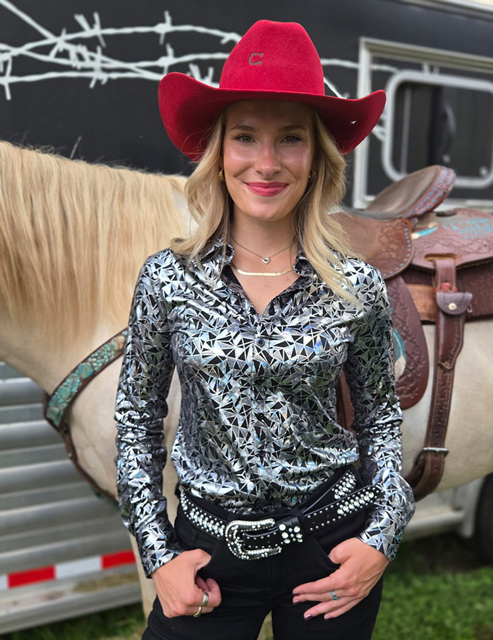 Silver & Black Metallic Stretch Lightweight Pullover Button Up