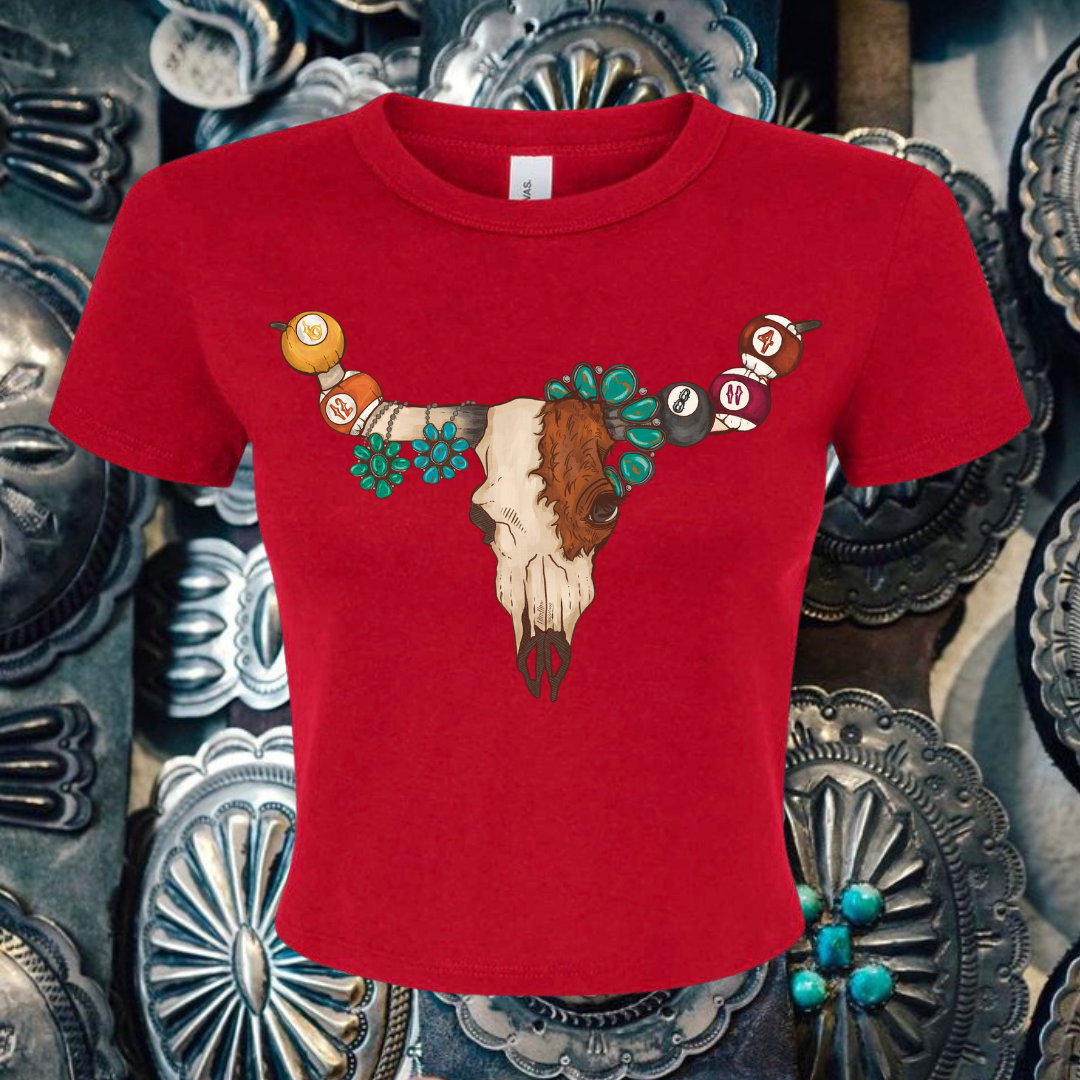 Turquoise cow skull Raglan baby tee