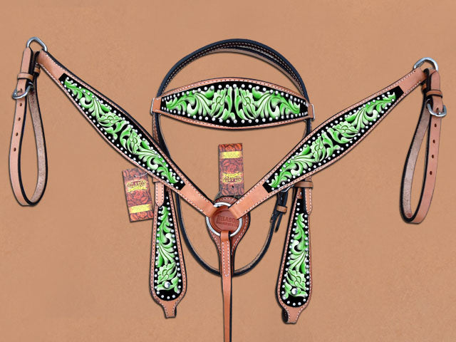 Hilason Western Horse Headstall Breast Collar Set American Leather Green