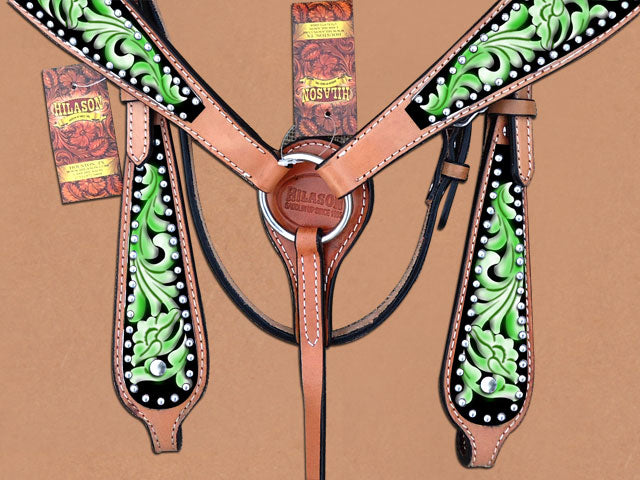 Hilason Western Horse Headstall Breast Collar Set American Leather Green