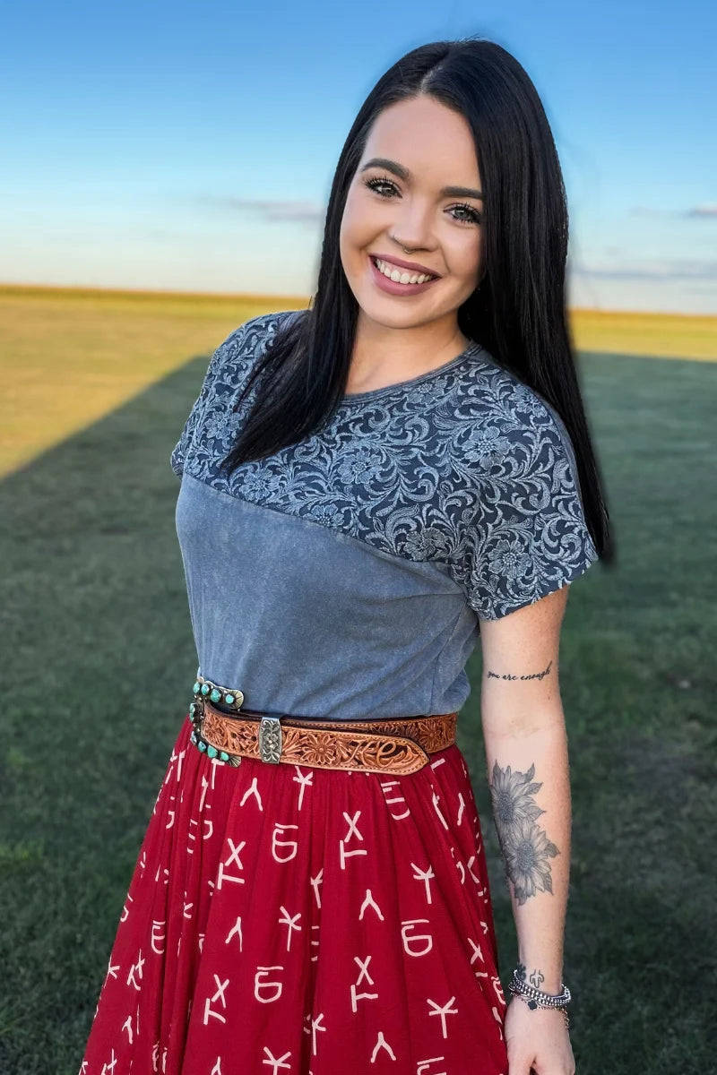 OUT WEST TOOLED TOP - DENIM BLUE