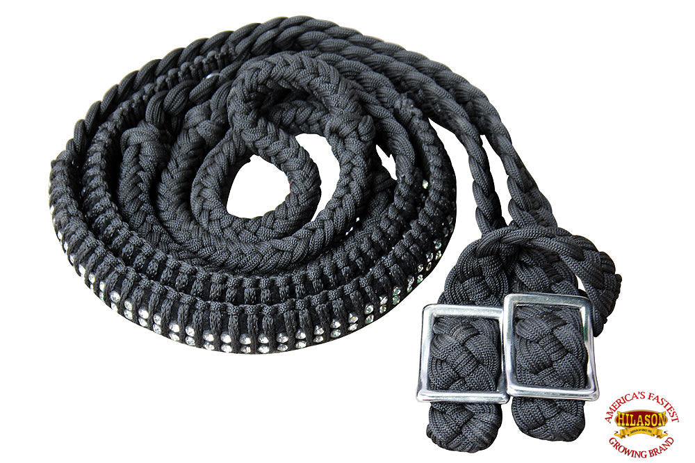 1" X 8Ft Hilason Braided Poly Horse Barrel Reins Flat Grip Knots Crystal