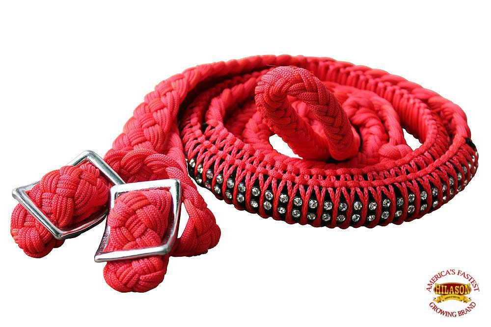 1" X 8Ft Hilason Braided Poly Horse Barrel Reins Flat Grip Knots Crystal
