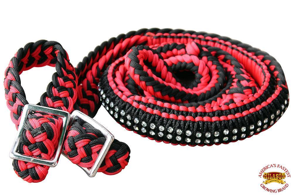 1" X 8Ft Hilason Braided Poly Horse Barrel Reins Flat Grip Knots Crystal