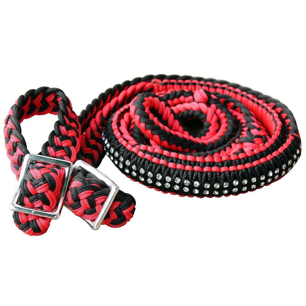 1" X 8Ft Hilason Braided Poly Horse Barrel Reins Flat Grip Knots Crystal