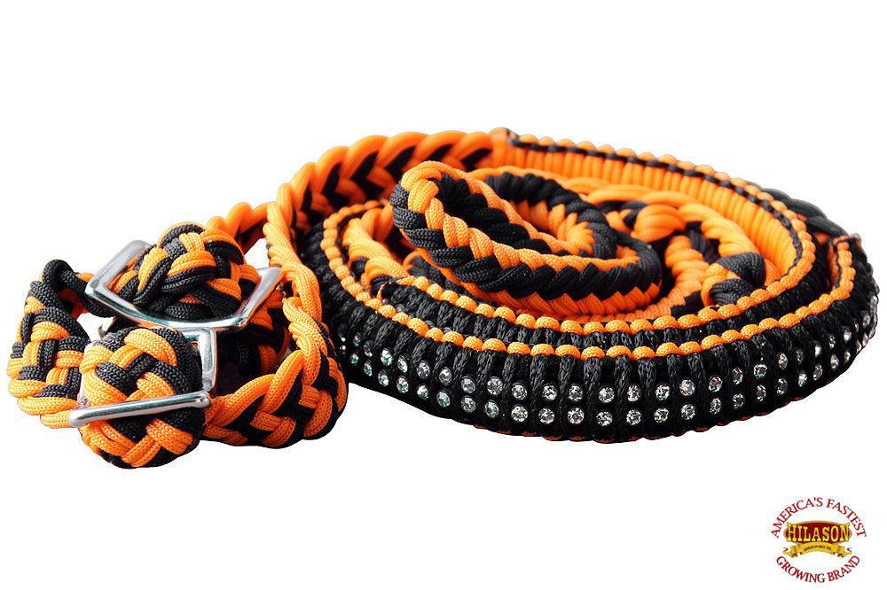 1" X 8Ft Hilason Braided Poly Horse Barrel Reins Flat Grip Knots Crystal