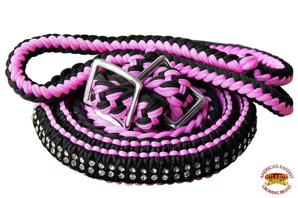 1" X 8Ft Hilason Braided Poly Horse Barrel Reins Flat Grip Knots Crystal