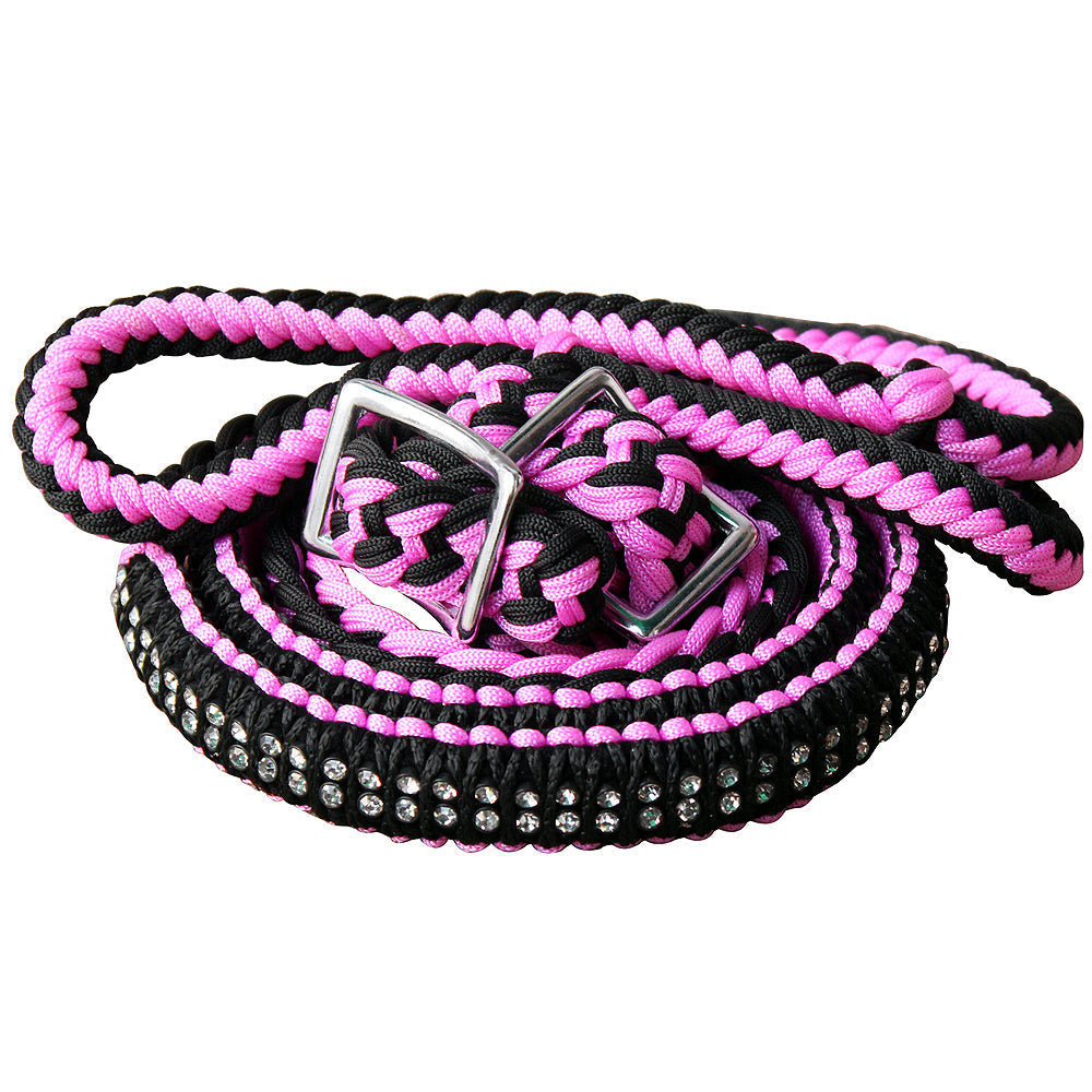 1" X 8Ft Hilason Braided Poly Horse Barrel Reins Flat Grip Knots Crystal