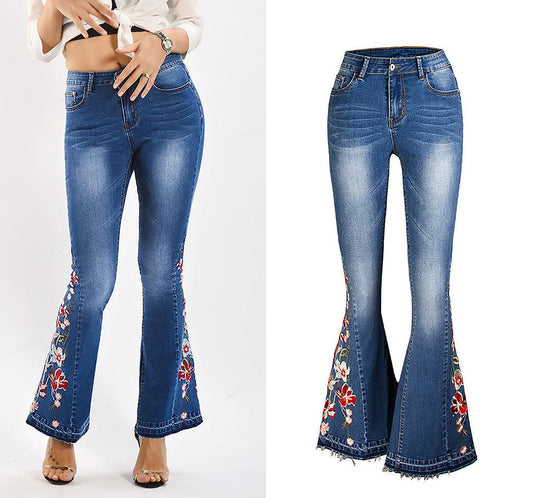 Flared Leg Embroidered Denim Jeans | Cowgirl Style with a Floral Touch