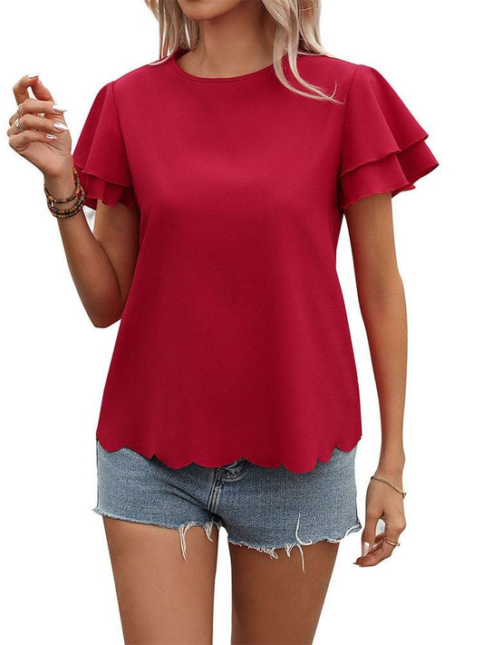 Lotus Blossom Ruffle Top - Stylish Red Double-layer Lotus Leaf Sleeve Blouse
