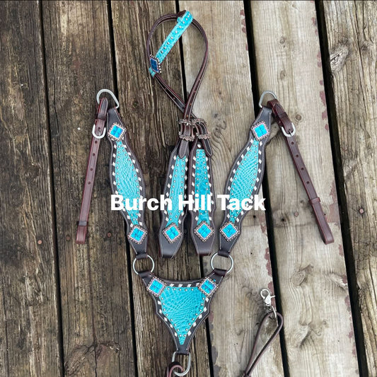 Pre Order Dark brown tack set with teal accent (BHT036)