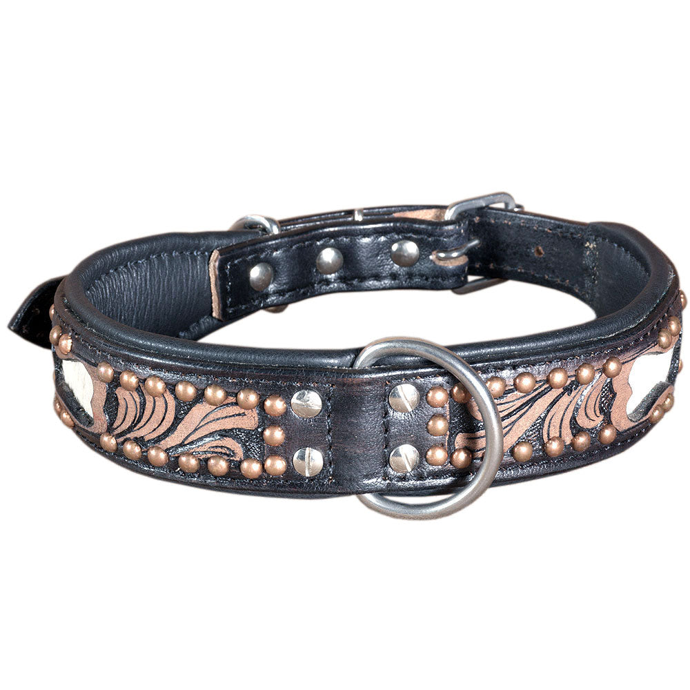 Hilason Heavy Duty Genuine Leather Dog Collar Floral Carving Dark  Large
