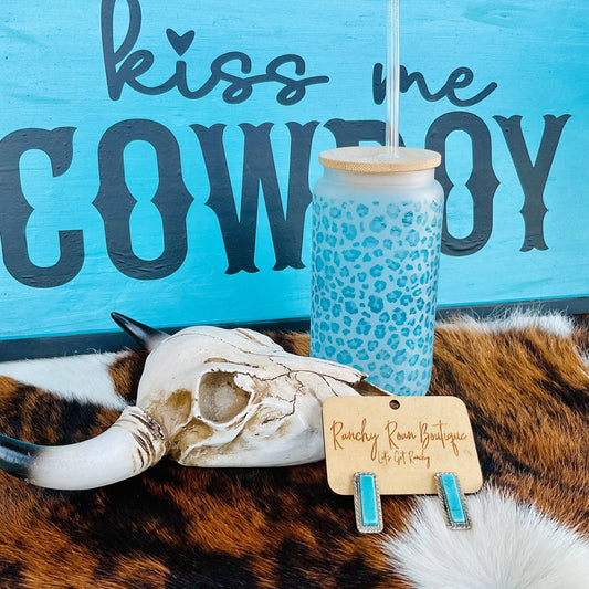 Turquoise Leopard Printed Frosted Glass Western 16 oz Tumbler