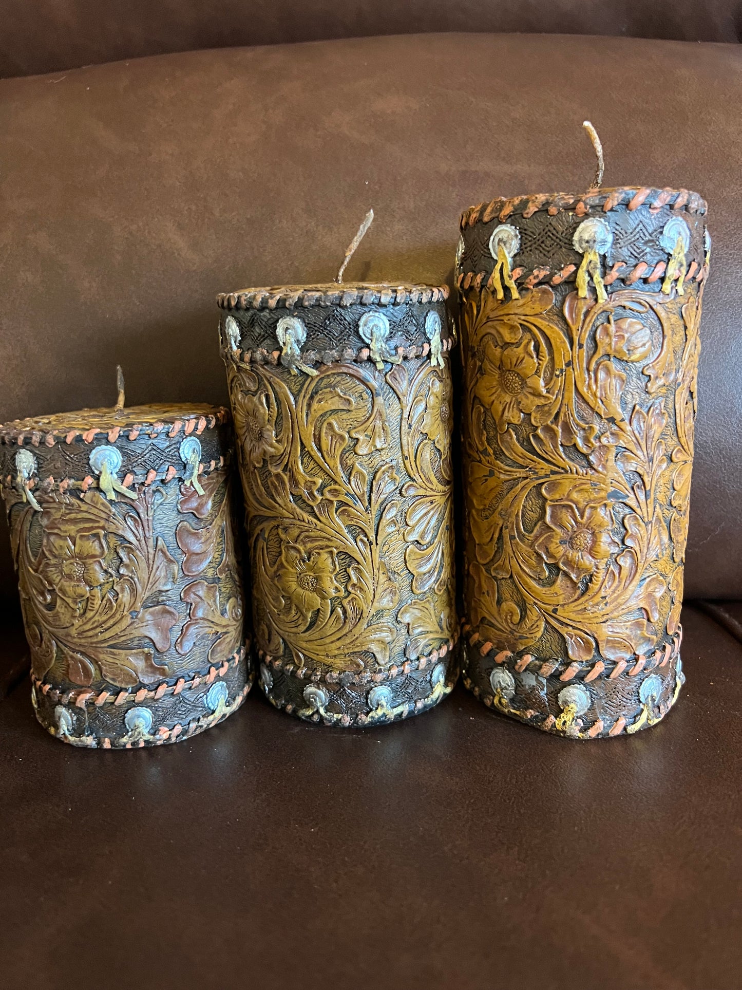 Set of 3 Tooled Leather Candles