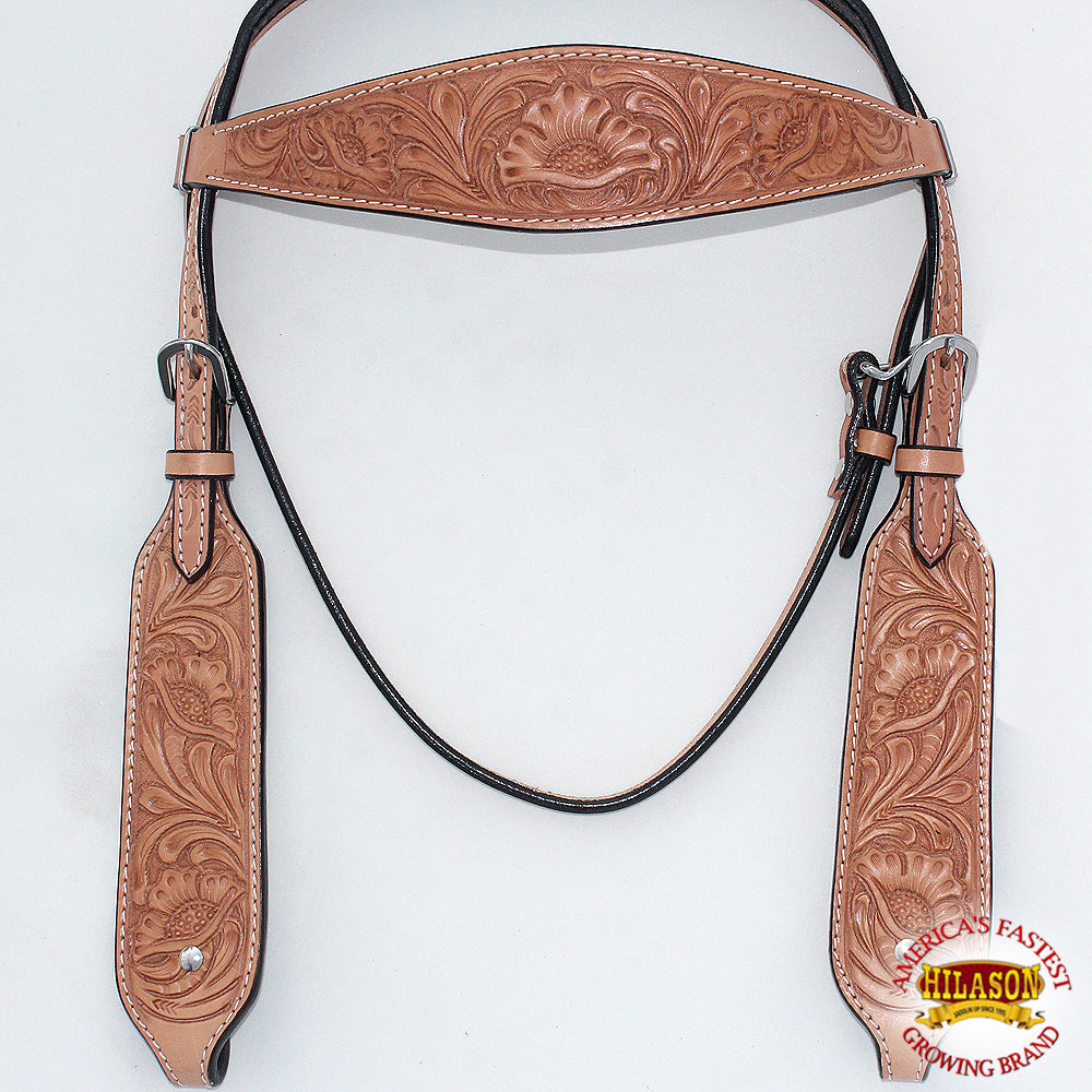 Hilason Western Horse Headstall Bridle American Leather Tan Floral Carved